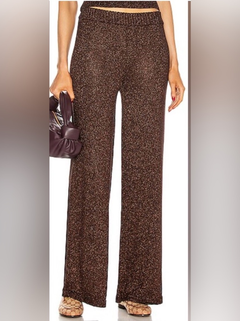 STAUD Knit Sparkle Wide Leg Pants - Brown